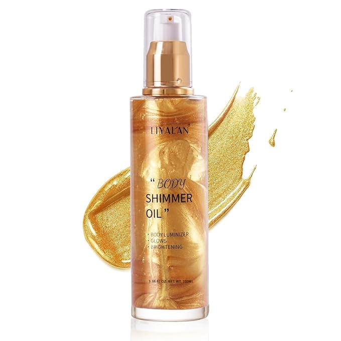 Liyalan Shimmer Body Oil 5 Color Gold 3.38 Fl Oz Face Glow Pearl Highlighter Illuminator Body Makeup Shine Glitter Gold Liquid Taning-BrightBean Baby