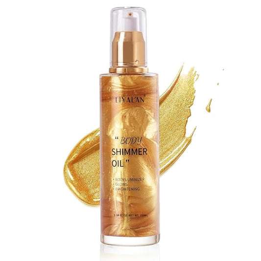 Liyalan Shimmer Body Oil 5 Color Gold 3.38 Fl Oz Face Glow Pearl Highlighter Illuminator Body Makeup Shine Glitter Gold Liquid Taning-BrightBean Baby