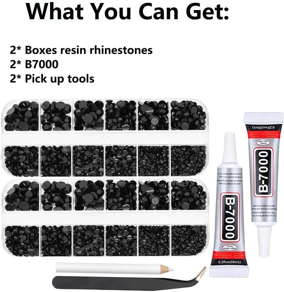 Black Rhinestones for Bedazzling with B7000 Glue, 2mm 3mm 4mm 5mm 6mm (SS8-SS30) Non-Hotfix Flatback Black Diamonds Kit, Nail Crystals Gems Beads for Bedazzling Crafts,DIY Art, Makeup Decoration-BrightBean Baby