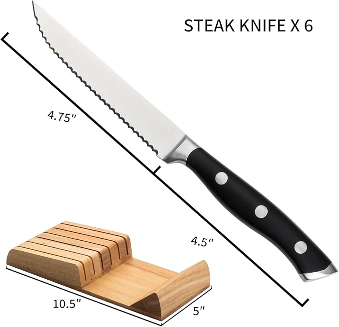 Alata 6-Piece Steak Knives Set with Block, 4.7 Inch with Serrated Edge Razor-Sharp Dinner Knives, Full-Tang Construction, Dishwasher Safe