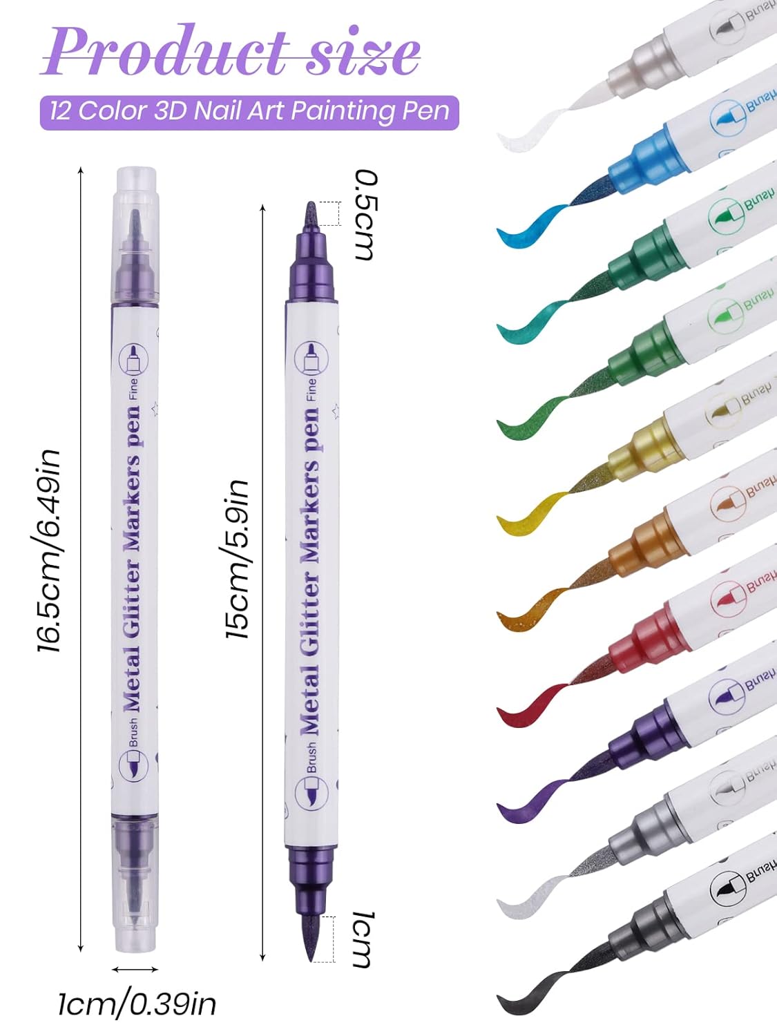 10 Color Metal Giltter 3D Nail Art Pens Set, Kalolary Double-ended Nail Point Dotting Pen Drawing Painting Liner Brush for DIY Nail Art Beauty Adorn Manicure Tools(G)-BrightBean Baby