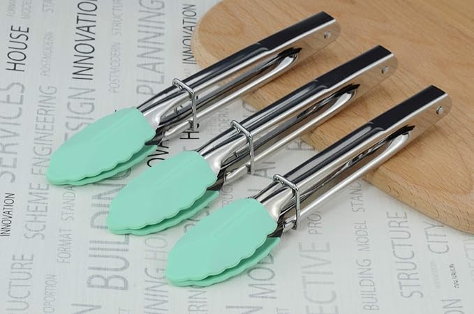 Stainless Steel Food Tongs with Silicone Tips 7-Inch Mini Tongs, Set of 3 (Mint)