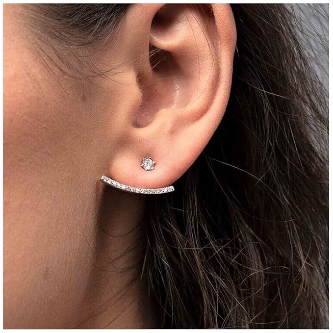 Crystal Bar Ear Climber Earrings Silver Rhinestone Ear Jacket Earrings Boho Bar Ear Crawlers Earrings Minimalist Geometric Moon Earrings Jewelry for Women and Girls-BrightBean Baby