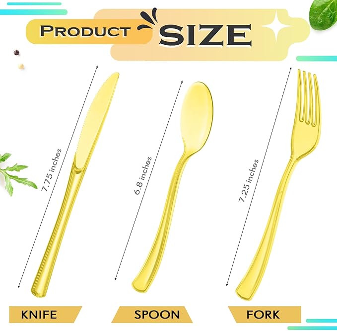Minatee 150 Pieces Disposable Cutlery Set Plastic Silverware Heavy Duty Utensil Sets 50 Forks 50 Knives 50 Spoons for Home Office School Party Picnics Restaurant Outdoor Events(Yellow)