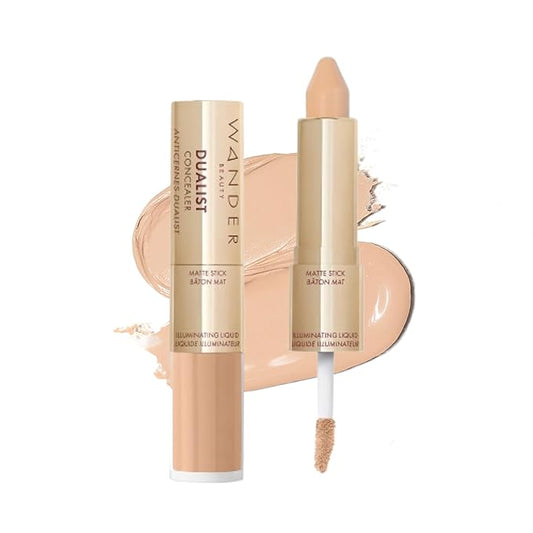 Wander Beauty Dualist Matte and Illuminating Concealer Makeup - Light - Dual-Ended Matte Concealer Stick + Liquid Concealer - Full Coverage Concealer Brightens, Firms & Hydrates Under Eyes -0.28 fl oz-BrightBean Baby