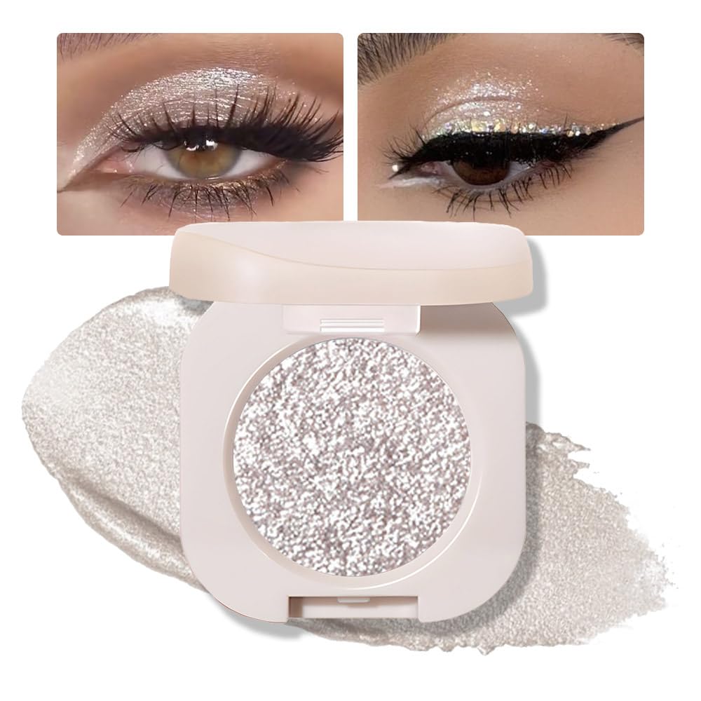 Monochrome Glittler Shimmer Eyeshadow Palette,Silver Gray White Shimmer Powder Eyeshadow,24 Hour Waterproof Pressed Glitter Single Eye Shadow Apply Makeup Easily-BrightBean Baby