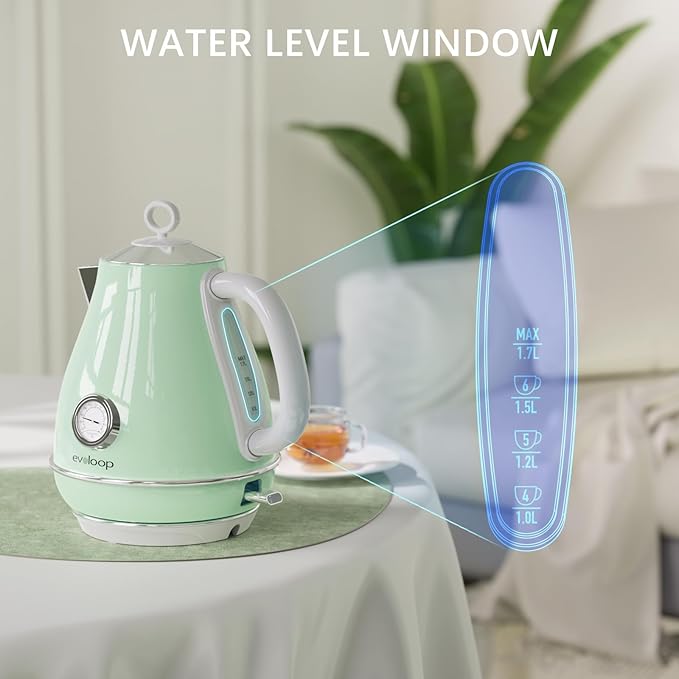 Evoloop Electric Tea Kettle, 1500W /1.7 Liter Hot Water Boiler Heater Pot, Retro Electric Kettle with Thermometer, Auto Shut-Off & Boil-Dry Protection, BPA Free,Stainless Steel Teapot