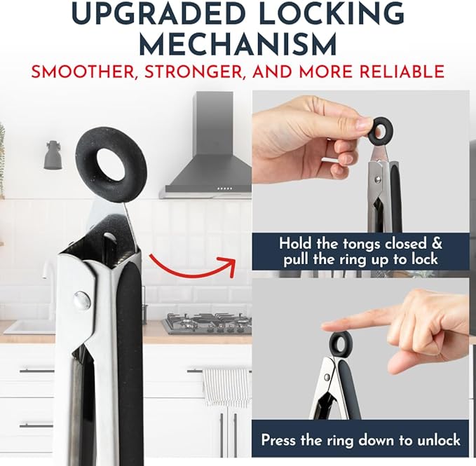 Kitchen Tongs for Cooking with Silicone Tips, Heat Resistant Tongs for Serving Food, 7-Inch, 9-Inch, 12-Inch Locking Silicone Tong, Set of 3 Salad Tong, Black Kitchen Utensils