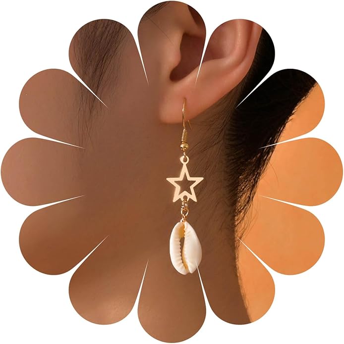 Boho Shell Drop Earrings Vintage Gold Star Shell Dangle Earrings Statement Cowrie Shell Hook Earrings Summer Beach Seashell Earrings Jewelry for Women-BrightBean Baby