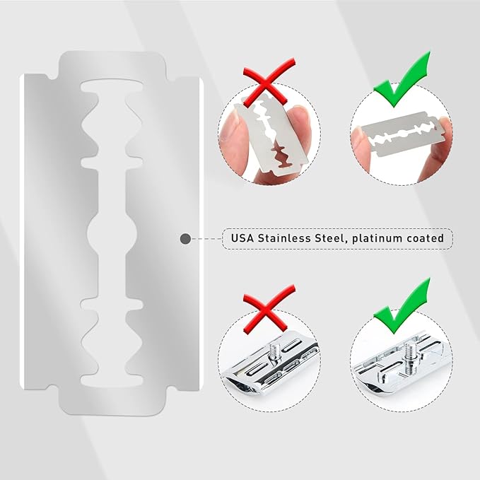 Double Edge Safety Razor with Stand, Single Blade Razors for Men and Women, Metal 1 Blade Razor, with 10 Platinum Coated Stainless Steel Double Edge Blades, Smooth and Close Shave, Silver-BrightBean Baby