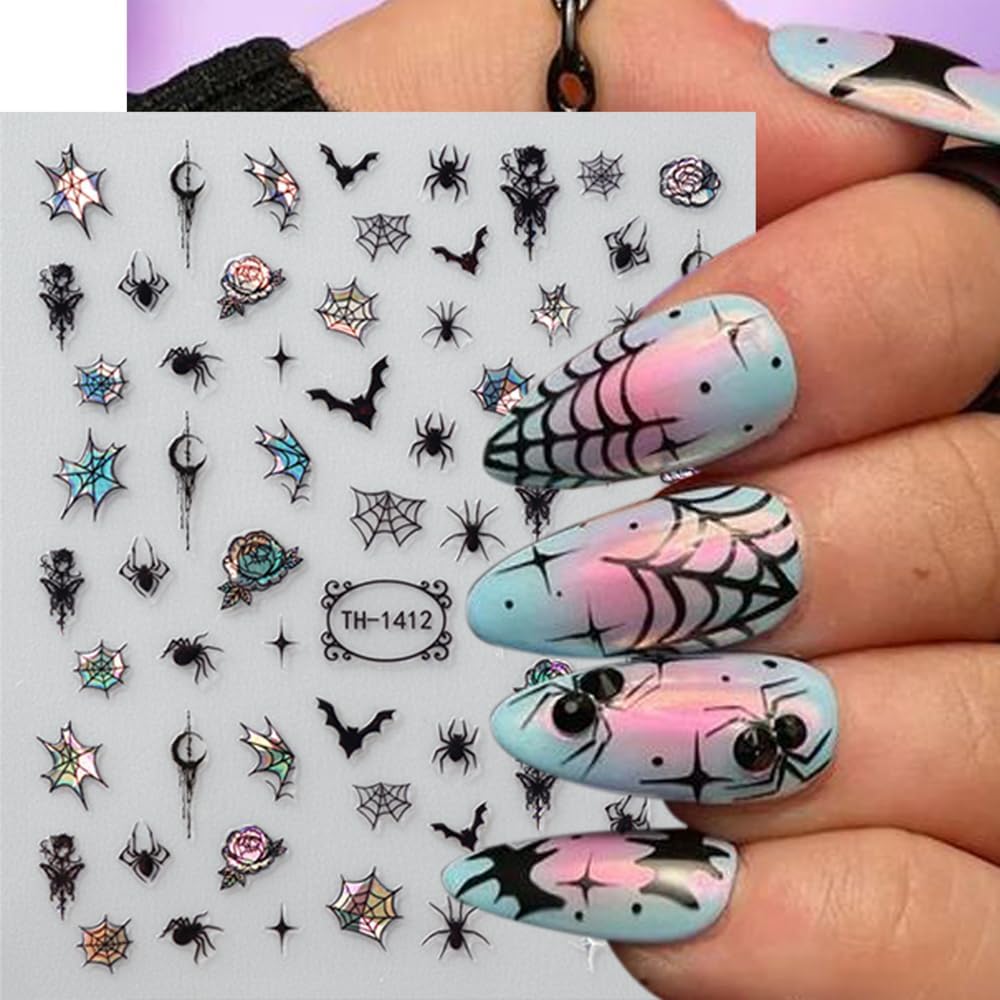 6 Sheets Halloween Nail Stickers Decals, 3D Spider Nail Sticker Decoration Self-Adhesive Colorful Red Rose Flowers Spider Web for Nails Stickers DIY Manicure Art Halloween Decoration-BrightBean Baby