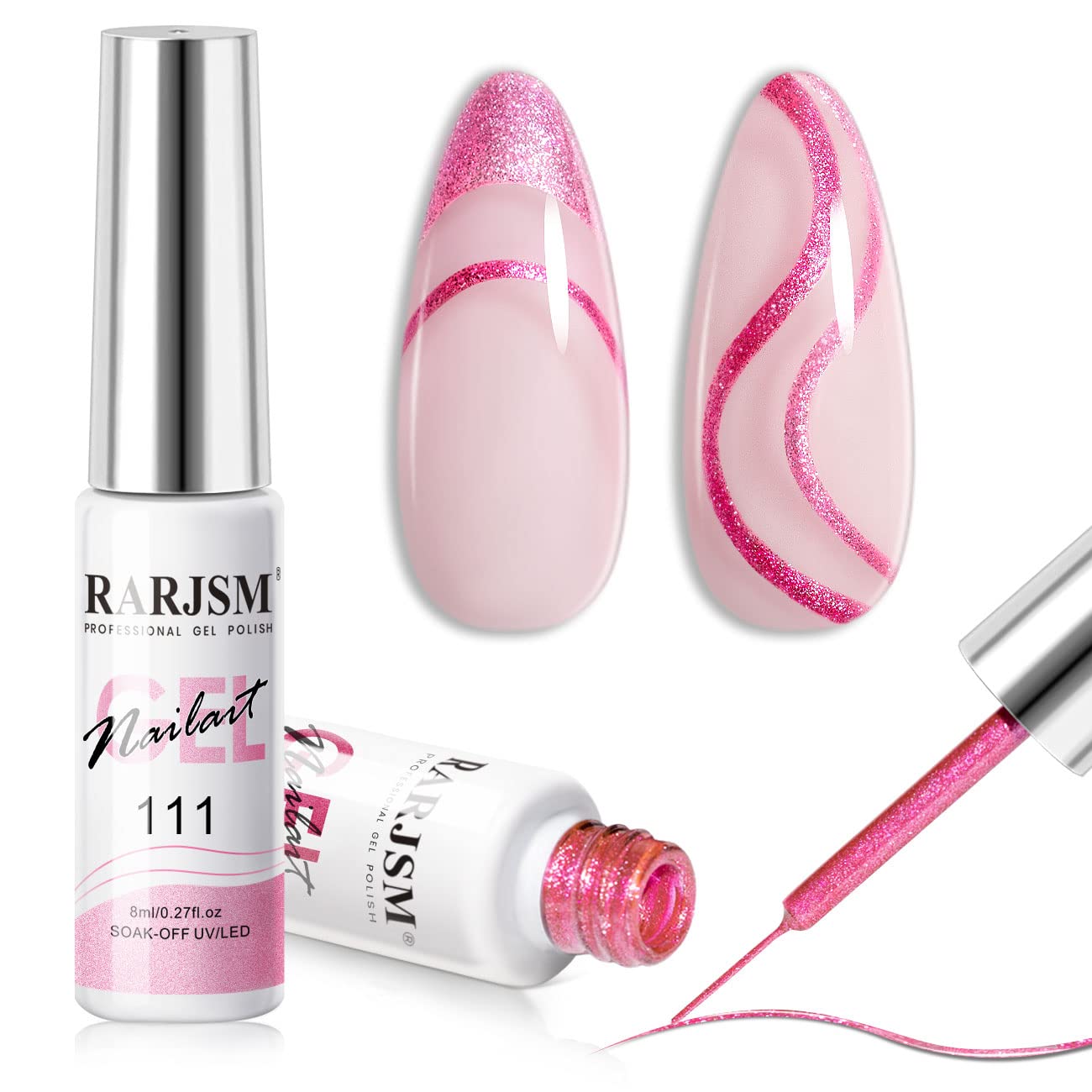 RARJSM Metallic Gel Liner Nail Art Pink,Glitter Painting Gel Nail Polish 2PCS Set,Mirror Chrome Hot Pink Drawing Line Art Gel with Thin Brush Nail Design Line Wire Curing Requires 8ml DIY Manicure-BrightBean Baby