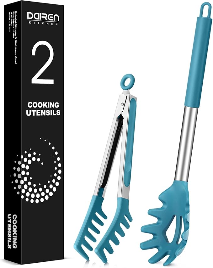 Spaghetti Spoon and Pasta Tong, Non-stick Silicone Spoon Server Fork With Teeth and Stainless Steel Handle, Food Clip for Noodles (Blue)