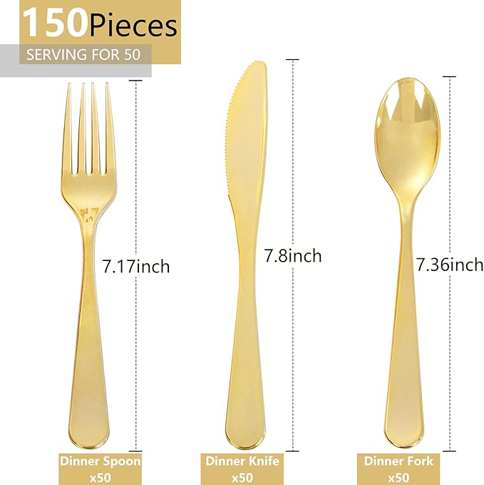 150 PCS Gold Plastic Silverware - Gold Plastic Flatware Disposable - Heavy Duty Disposable Utensils Sets Includes 50 Forks, 50 Spoons, 50 Knives for Thanksgiving Party Wedding