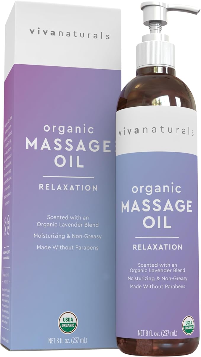 Viva Naturals Organic Massage Oil (8 fl. oz.) - Lavender Scented Non-Greasy Body Massage Oil with Mess-Free Pump, Moisturizing Massage Oils for Massage Therapy, Non-GMO and Certified Organic, 237 mL-BrightBean Baby