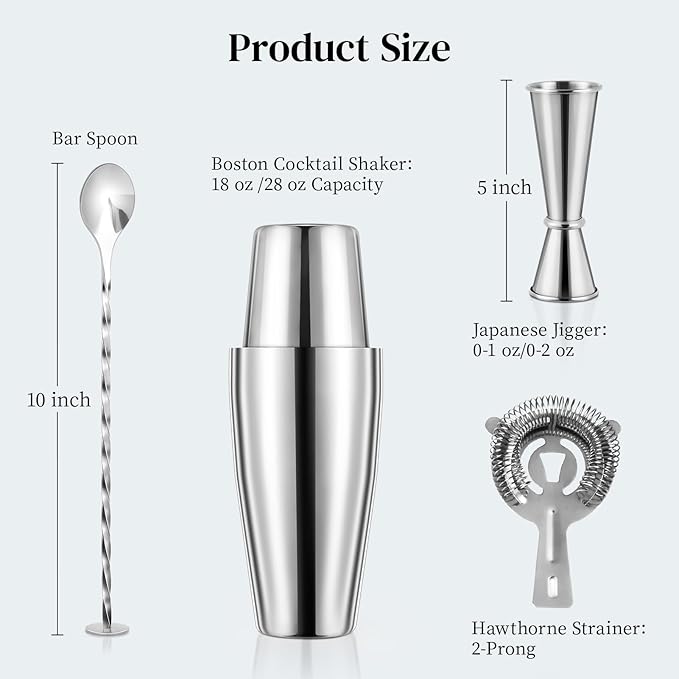 X Home Cocktail Shaker Set, Professional 4-Piece Bartender Kit with Boston Shaker, Hawthorne Strainer, Double Measuring Cocktail Jigger, and 10-inch Mixing Spoon, Bartender's Choice