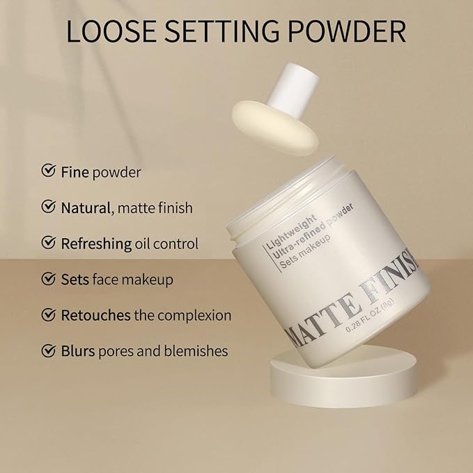 Erinde White Translucent Matte Setting Powder with Puff, Face Loose powder Makeup, Oil Control Finishing Powder, Lightweight Blurring Powder, Waterproof, 24H Long-Lasting, Creates Soft Focus Effect-BrightBean Baby