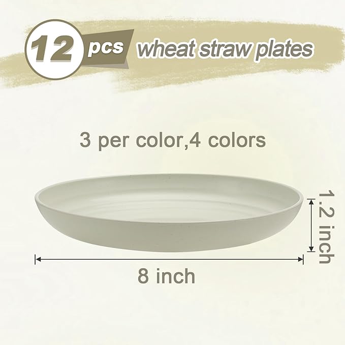 12 Pcs Unbreakable Deep Dessert Plates Set, 8 inch Reusable Plastic Wheat Straw Plates, Microwave and Dishwasher Safe Plate for Kitchen, Lightweight Plate for Dessert, BPA Free, 4 Colors