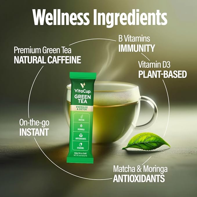 VitaCup Green Tea Instant Packets, Enhance Energy & Detox with Matcha, Moringa, B Vitamins, D3, Fiber, Keto, Paleo, Vegan in Tea Powder Single Serving Sticks, 72 Ct