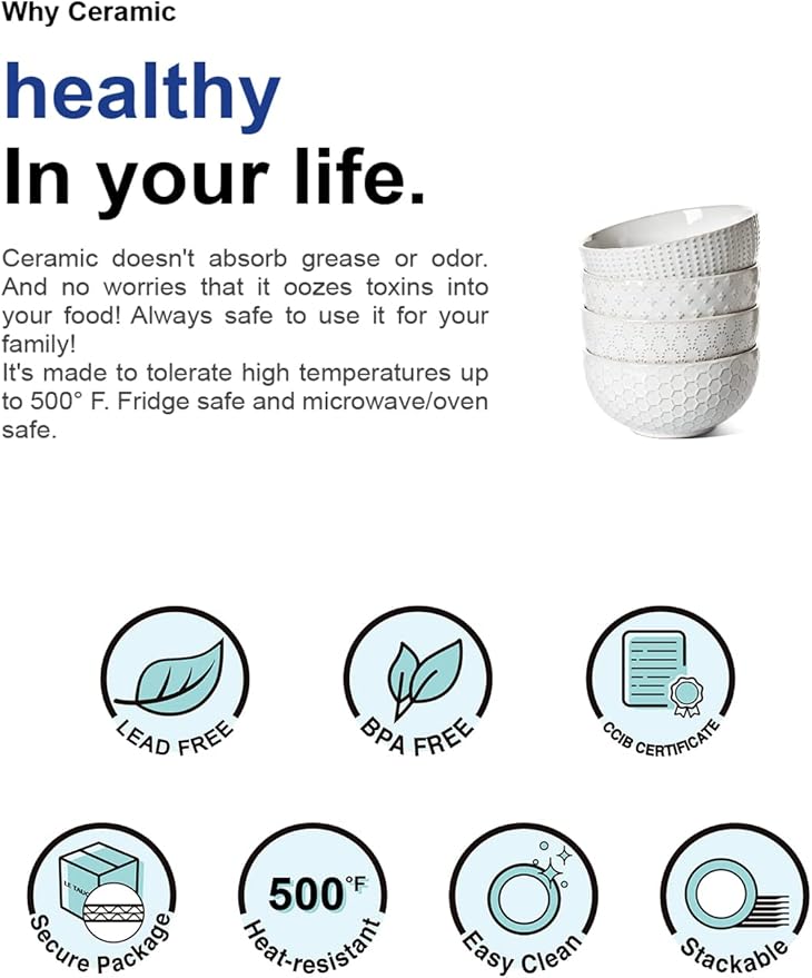 LE TAUCI Large Soup Bowl 42 OZ, Ceramic Kitchen Bowl Set for Soup, Pho, Chip, Pasta, Fruits, Salad, Noodle and Ramen- 7 Inch, Set of 4, Arctic white