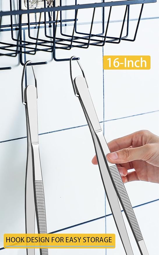 JETKONG 2 Pcs 16-Inch Kitchen Tweezers Extra Long Tweezer Tongs, Heavy Duty Stainless Steel Cooking Tweezers (Silver)