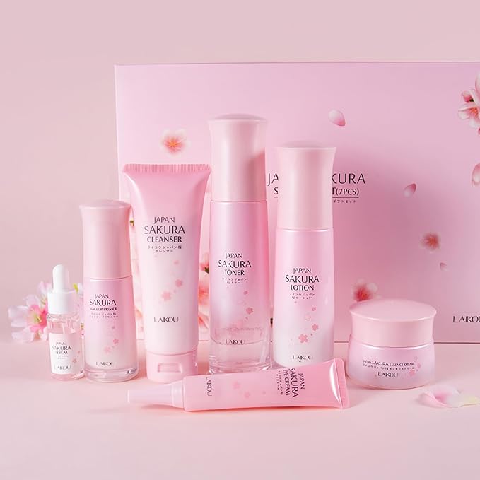 Skin Care Set JAPAN SAKURA Beauty Gift Sets Skin Care Kit with Cleanser, Toner, Lotion, Serum, Eye Cream, Face Cream, Make up Primer Travel Kit for Women Wife Mom 7pcs-BrightBean Baby