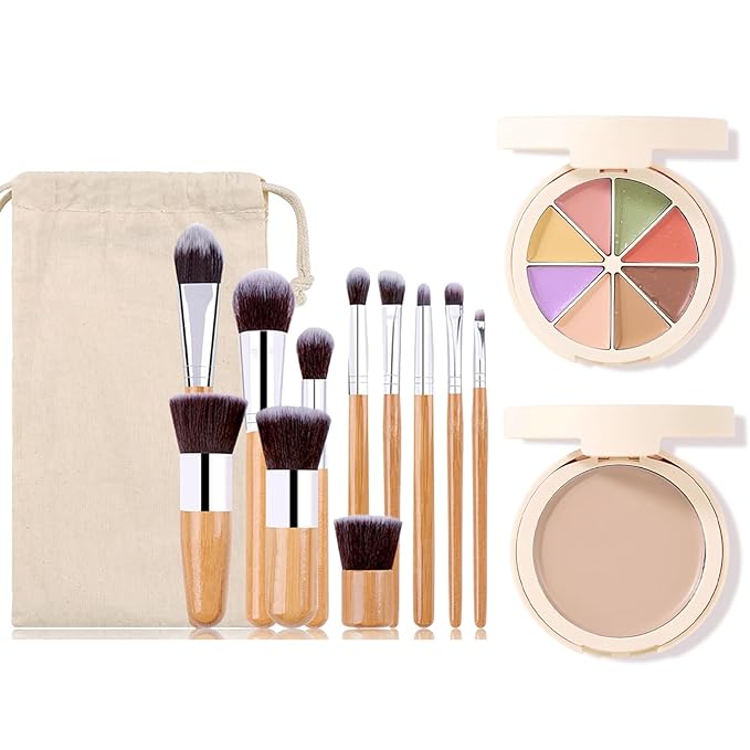 Foundation Concealer Palette with Makeup Sponges & Applicator, 11 Pcs Foundation Powder Concealers Eye shadows Blush Makeup Brushes, 2 in 1 Compact Contouring Duo Layer Plate, Pearl White-BrightBean Baby