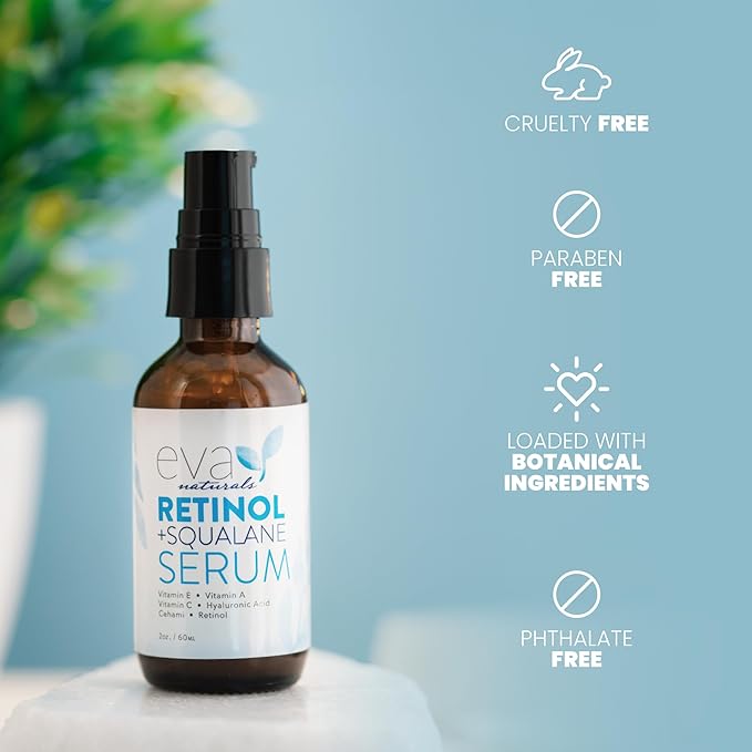 Eva Naturals Retinol + Squalane Serum – Anti Aging Face Serum for Wrinkles, Collagen Boost, Eye & Night Use – Retinoid Skin Care for Acne, Pores, Dark Spots & Sensitive Skin-BrightBean Baby