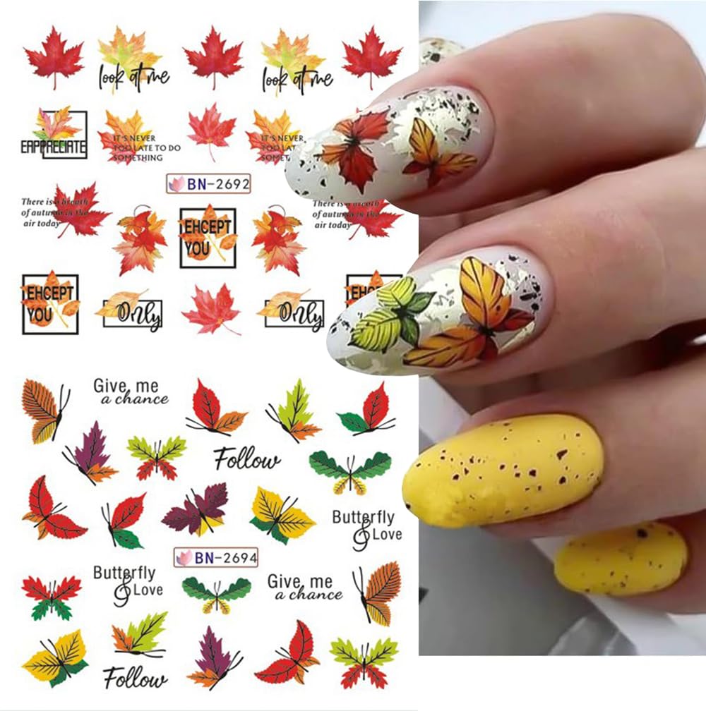 Fall Thanksgiving Nail Art Stickers Decals, 12 Sheets Maple Leaf Design Water Transfer Nail Decals Autumn Thanksgiving Nail Art Decoration Abstract Leaves Ginkgo Slider Nail Foils for Women DIY Supply-BrightBean Baby