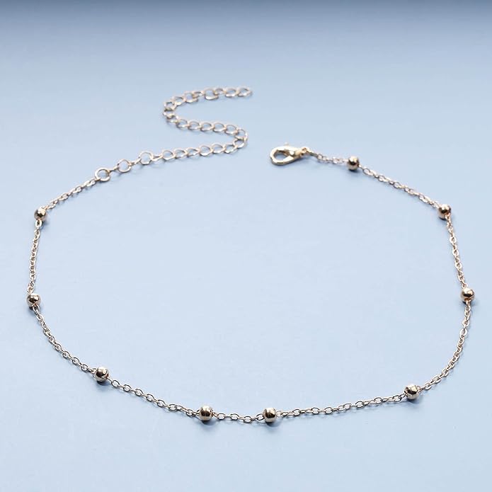 Boho Thin Beaded Choker Necklace Gold Station Ball Necklace Short Satellite Chain Necklace Everyday Minimalist Necklace Jewelry for Women and Girls-BrightBean Baby
