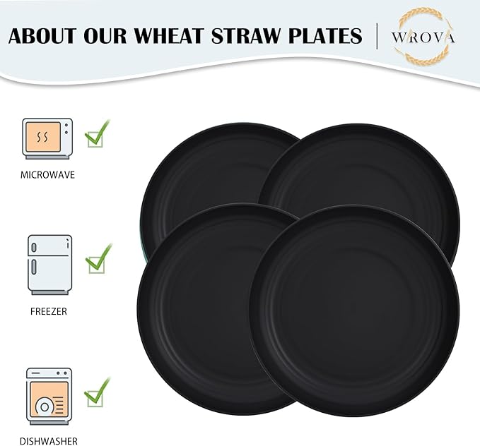 Wrova Large Wheat Straw Dinner Plates - 11 Inch Unbreakable Set of 8 - Dishwasher & Microwave Safe, Deep Edge for Kitchen and Camping (Black)