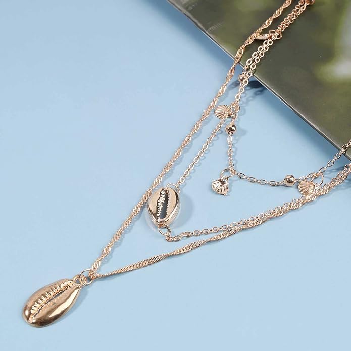 Boho Coin Disc Necklace Choker Gold Layered Shell Pendant Necklace Vintage Seashell Necklace Retro Singapore Chain Necklace Jewelry for Women Gifts-BrightBean Baby