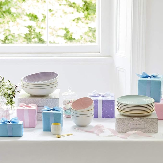 Portmeirion Sophie Conran Celadon Pasta Bowls - Set of 4, 9 Inch Fine Porcelain Ripple Design Dinnerware for Pasta, Salad & Soup - Microwave, Dishwasher, Freezer & Oven Safe