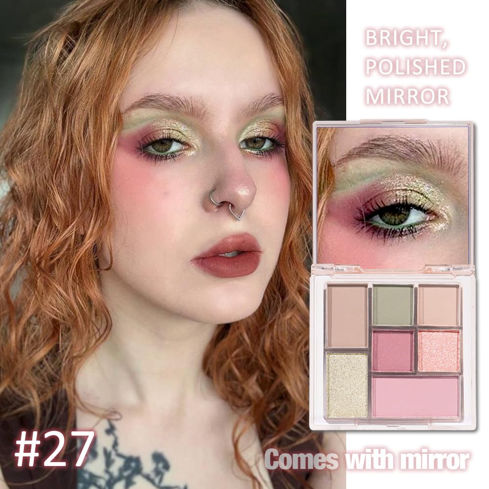 Nude Pink 7Colors Eyeshadow Makeup Palette with Mirror,Green Natural Neutral Eye Shadow Palettes for Older Women,Long Lasting Naturing-Looking,Lightweight,Waterproof,Eye Makeup Kit Travel Size,Vegan-BrightBean Baby