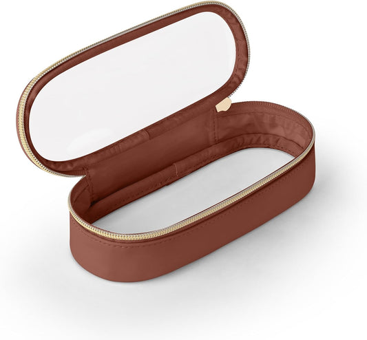 Clear Travel Makeup Brush Holder, Leather Makeup Brush Toiletry Bag, Portable Cosmetic Brush Case, Transparent Waterproof Makeup Brush Storage Bag, Brown-BrightBean Baby