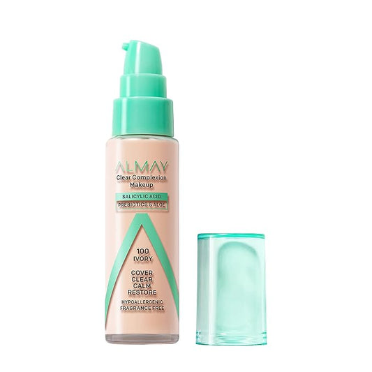 Almay Clear Complexion Acne Foundation Makeup with Salicylic Acid - Lightweight, Medium Coverage, Hypoallergenic-Fragrance Free, for Sensitive Skin , 100 Ivory, 1 fl oz.-BrightBean Baby