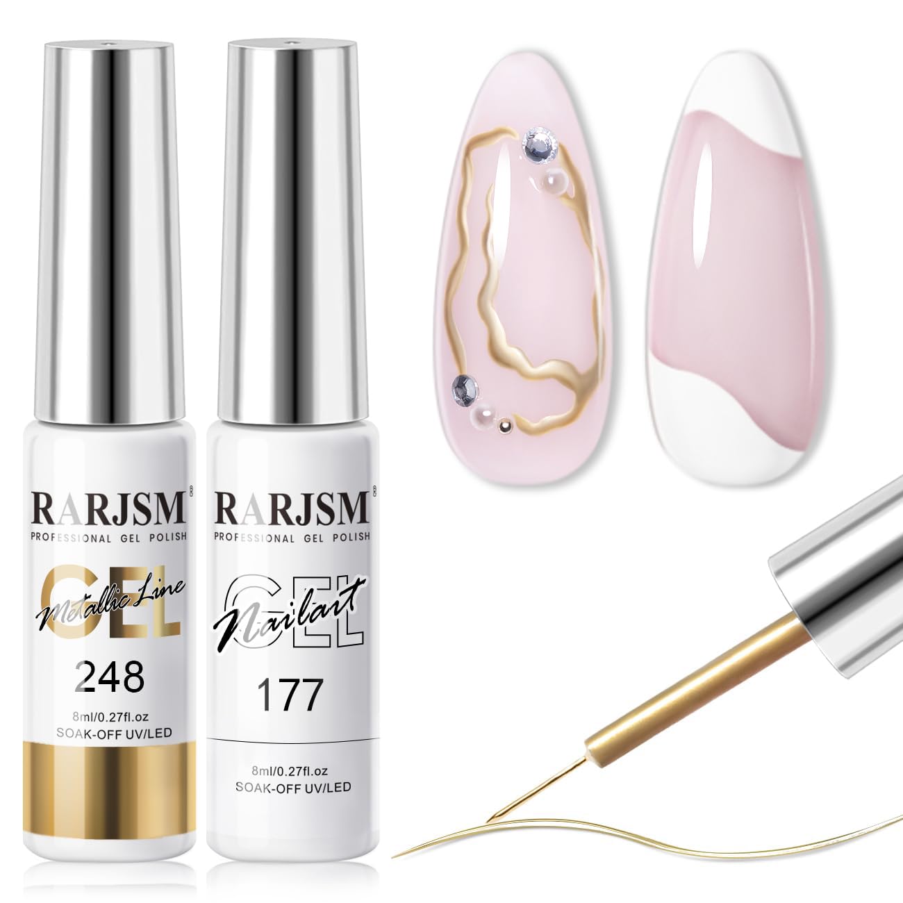 RARJSM Nail Art Gel Liner Metallic Bronze Gold and White 2pcs Set Mirror Chrome 3D Effect Gel Nail Polish 8ml Build in Thin Brush Swirl Drawing Stripper Gelpolish Curing Requires for Home Salon-BrightBean Baby