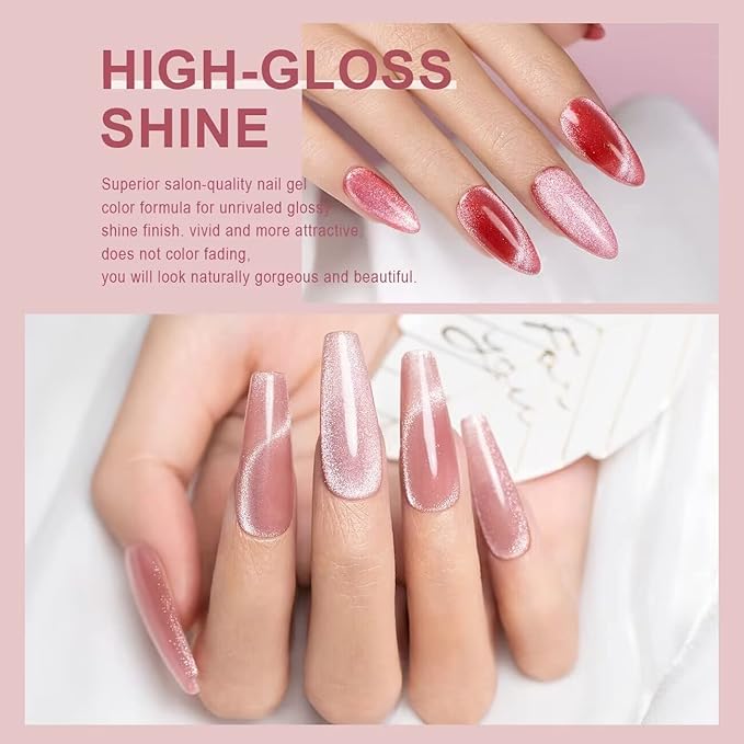 RARJSM Cat Eye Gel Nail Polish Set Silver Glitter Nude Purple Pink Red Champagne Gold Brown 6 Colors 9D Galaxy Velvet Ice Jelly Gel Polish with Magnet Stick UV LED Curing Requires Soak Off Home Salon-BrightBean Baby