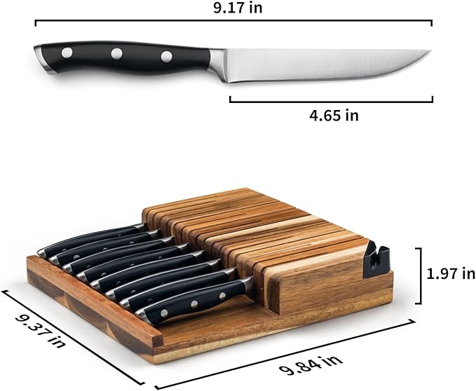 Alata 8-Piece Steak Knives Set with Acacia Block Built-in Sharpener, 4.7 Inch Non Serrated Razor-Sharp Dinner Knives, Full-Tang Construction, Dishwasher Safe