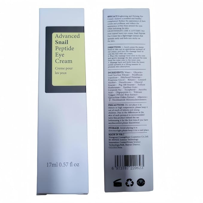 Snail Peptide Eye Cream, Snail Mucin Eye Cream Contains Niacinamide, Hyaluronic Acid To Reduce Wrinkles, Dark Circles, Puffiness and Fine Lines 17 ML-BrightBean Baby