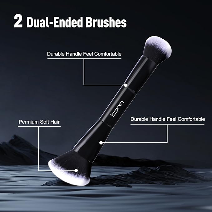 2Pcs Duo End Makeup Brushes, Foundation, Powder, Contour, Concealer, eye makeup Brush, Double-ended Multi-functional Synthetic Cosmetic Tools Makeup Brushes(Black)-BrightBean Baby