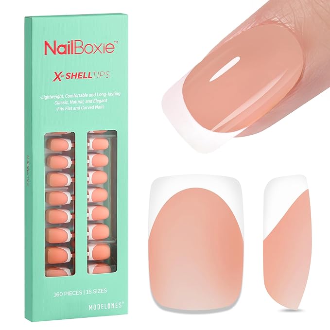 modelones French Tip Press on Nails, Short Square Fake Nails with Nail Box, Deep Nude Gel Nail Tips for Women, Soft Glue-On Nails for Natural Salon Look, DIY Nail Art Kit-BrightBean Baby