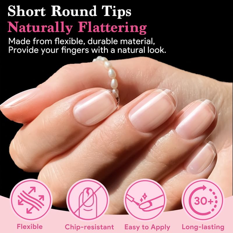 Short Round False Nail Tips, 15 Sizes 510 PCS Clear Soft Press On Fake Nail Pre-shaped Half Matte Full Cover Gel Nail Tips Extensions Strong Thick Long Lasting for DIY Beginners & Salon Manicure-BrightBean Baby