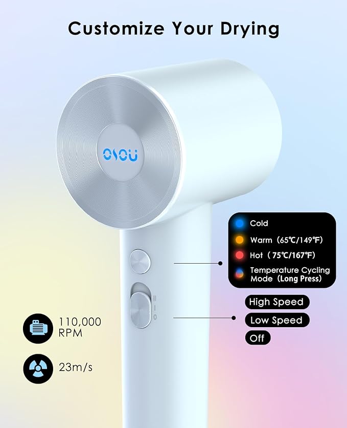 Hair Dryer with Diffuser for Curly Hair, Negative Ionic Hairdryer, High-Speed Blow Dryer with 110, 000 RPM Brushless Motor, Fast Drying Lightweight Travel Hairdryer, Low Noise Quiet Hair Dryers-BrightBean Baby