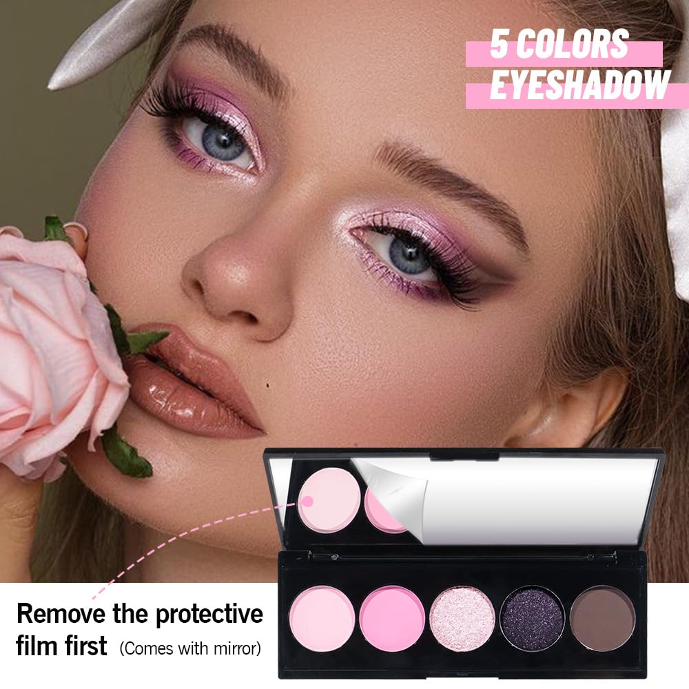 5 Colors Highlight Pink-Purple Eyeshadow Palette with Mirror, Pearl White Silver Brown Nude Rose Gold Glitter Shimmer Palette, Cruelty-Free, Vegan Formula, Matte Eyeshadow for Professional Makeup-BrightBean Baby