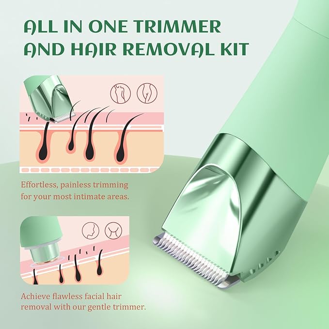 SUPRENT Bikini Trimmer Women - Painless Ladies Hair Removal - Waterproof Wet & Dry - 2 in 1 Lady Shaver for Pubic & Facial Hair - Cordless Electric Razor with USB-C Rechargeable - Green-BrightBean Baby