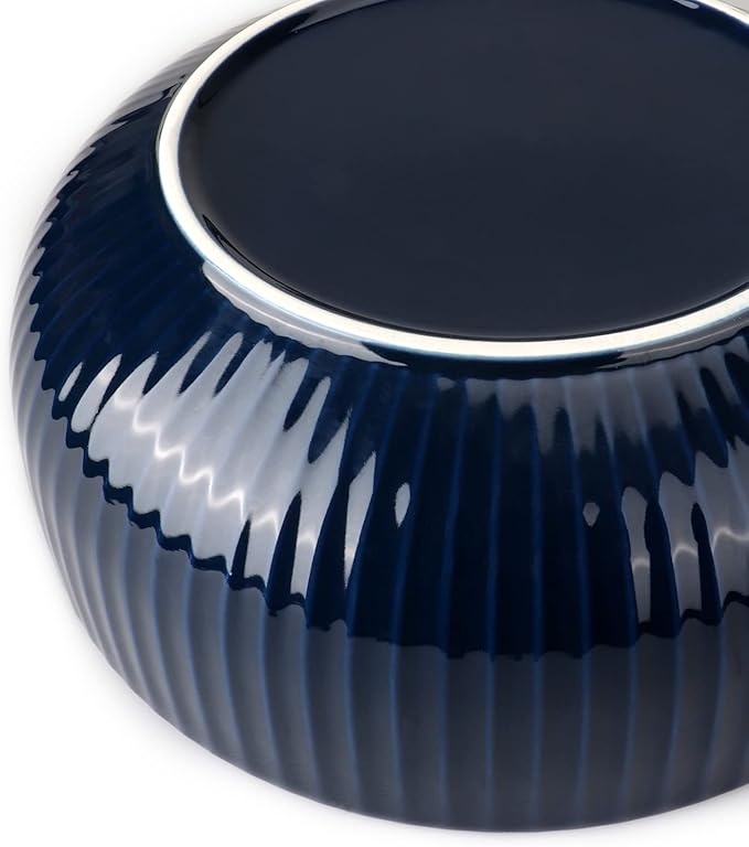 Extra Large Salad Bowl, 2800ml Ceramic Fruit Bowl, Stylish Navy Blue Round Vertical Stripe Soup Bowl, Serving Bowl for Salad, Fruit, Noodle, Soup(23.5x8.8cm, 95oz)