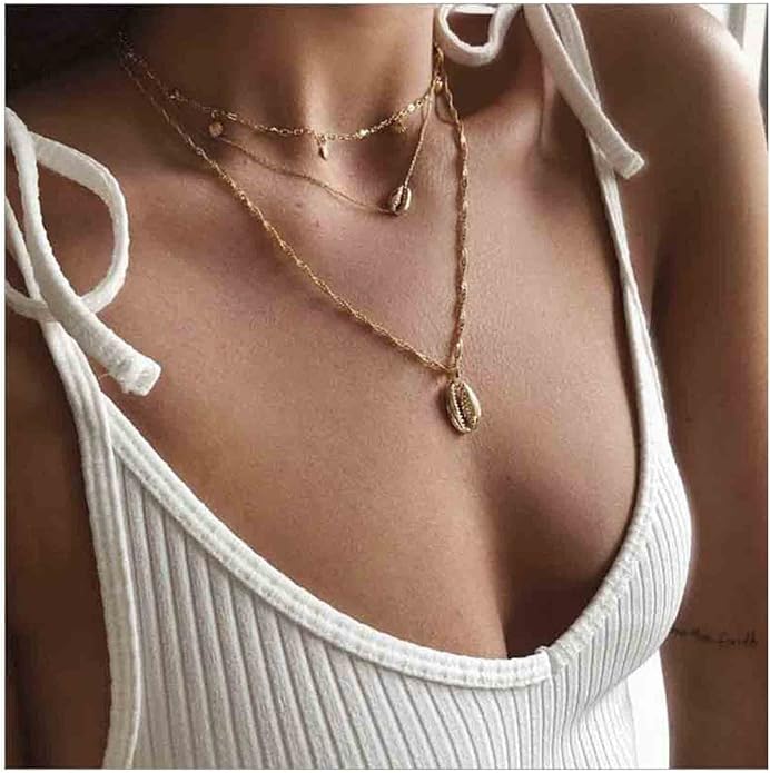 Boho Coin Disc Necklace Choker Gold Layered Shell Pendant Necklace Vintage Seashell Necklace Retro Singapore Chain Necklace Jewelry for Women Gifts-BrightBean Baby