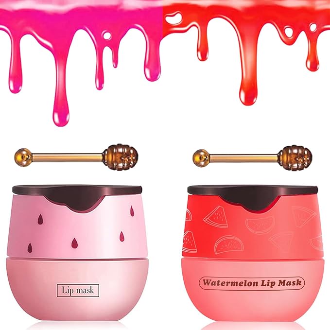 2 PCS Bee Lip Balm Honey Pot, Watermelon & Strawberry Sleeping Lip Mask Overnight, Hydrating Prevention Dry and Cracked Lip Scrub, Reduces Lip Lines, Brightening Lip Color-BrightBean Baby