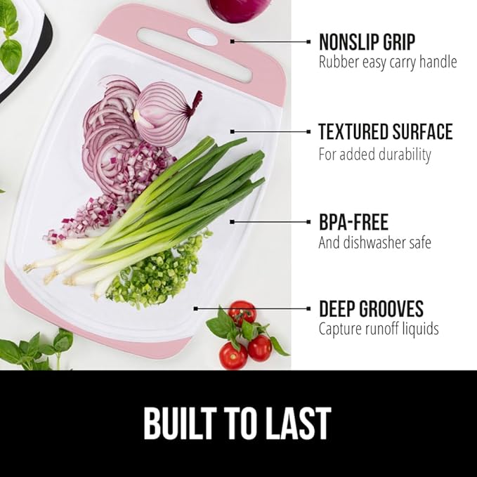 GORILLA GRIP BPA-Free Reversible Kitchen Cutting Board Set of 3, US Designed, Nonporous, Juice Grooves Catch Liquid, Slip Resistant Border, Dishwasher Safe, Durable Large Food Chopping Boards, Pink